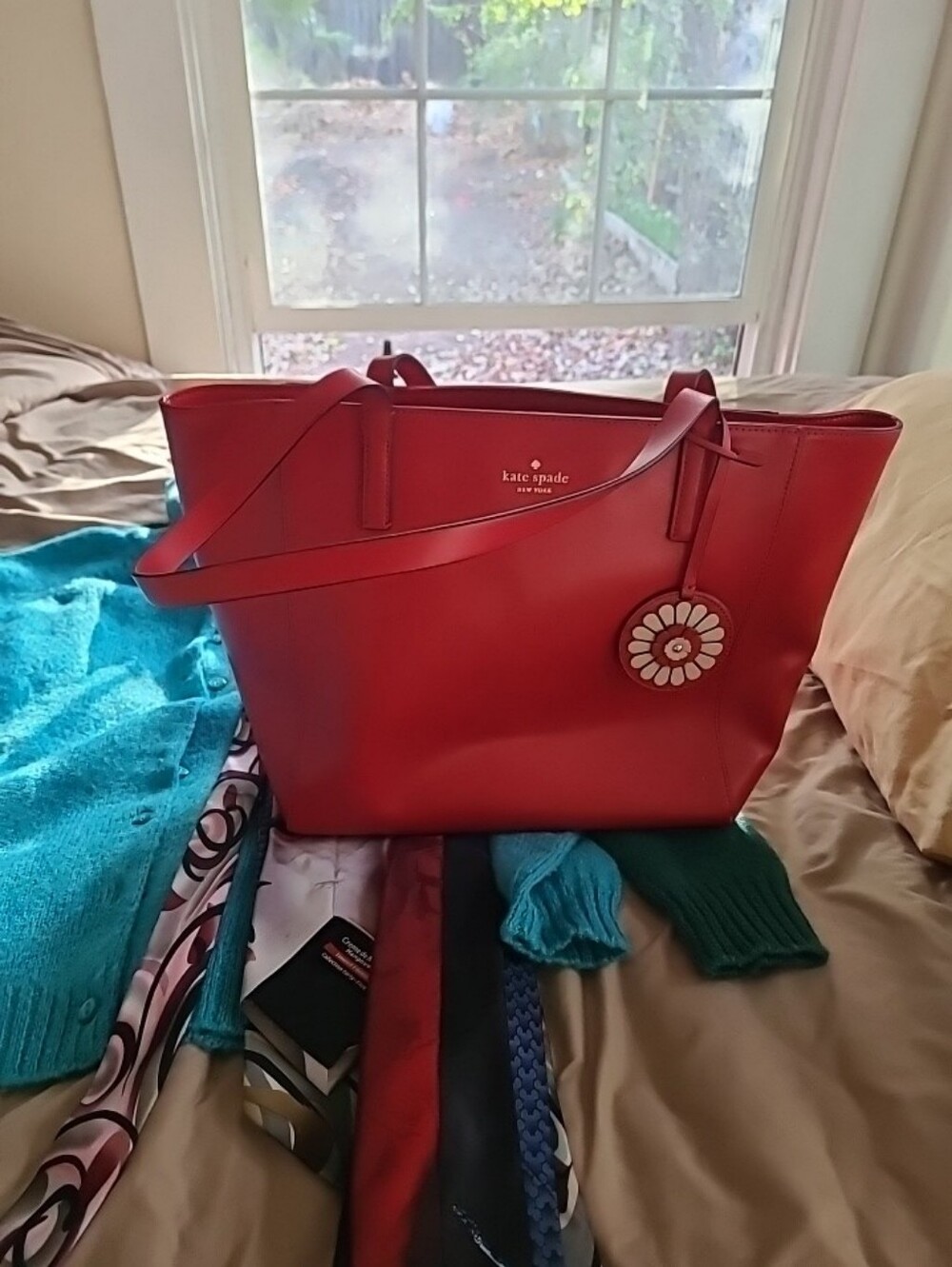 kate spade Red Leather Tote with Floral Charm